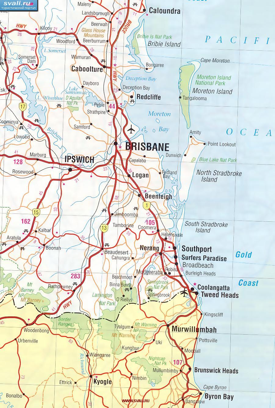 Карта окрестностей Брисбена (Brisbane), побережье Gold Coast, Австралия (англ.)