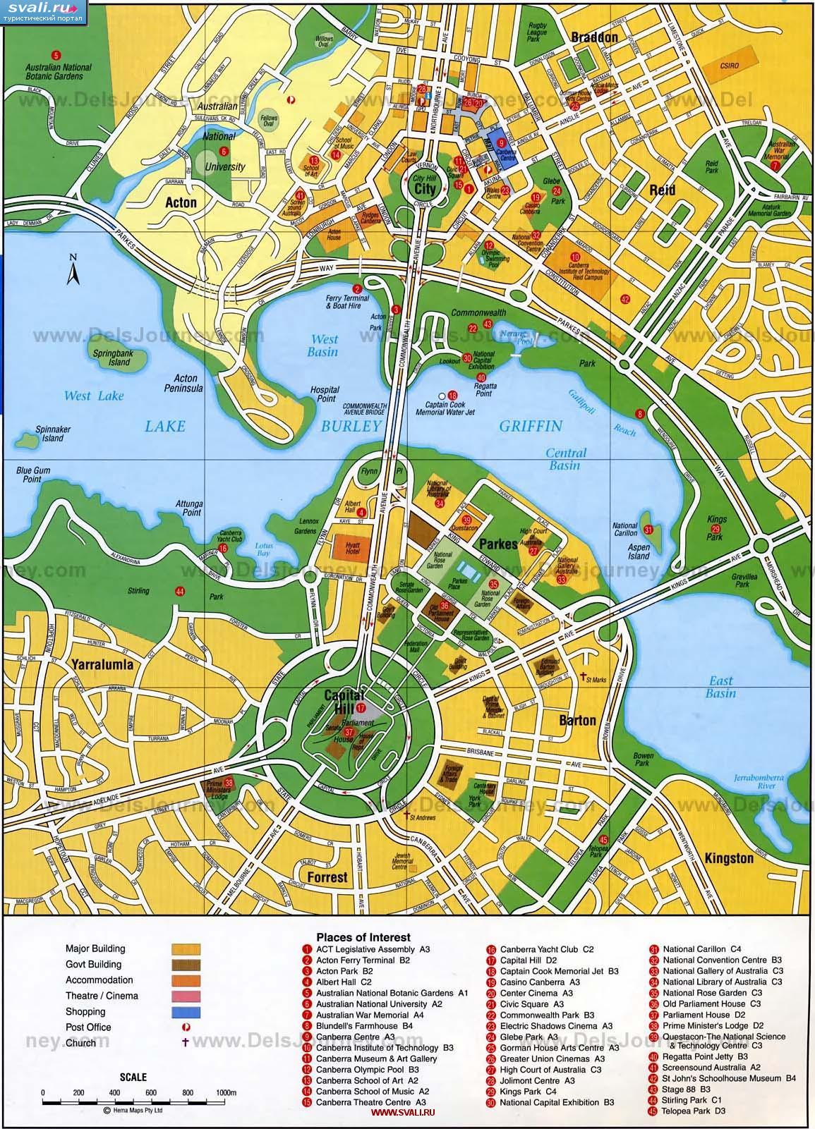 Подробная туристическая карта Канберры с указамие достопримечательностей, Австралия (англ.)