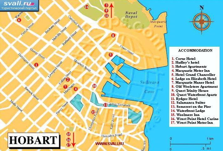 Карта Хобарта с указанием гостиниц, Тасмания, Австралия.