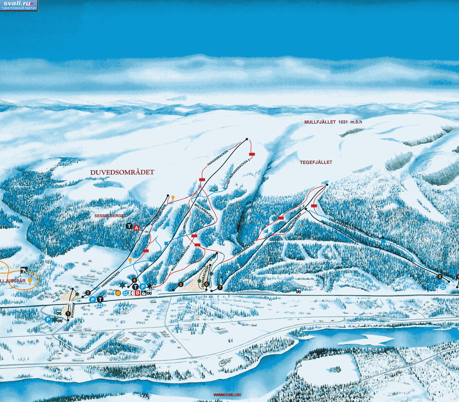 Схема горнолыжных трасс Дувед, горнолыжный курорт Оре, Швеция (швед.)
