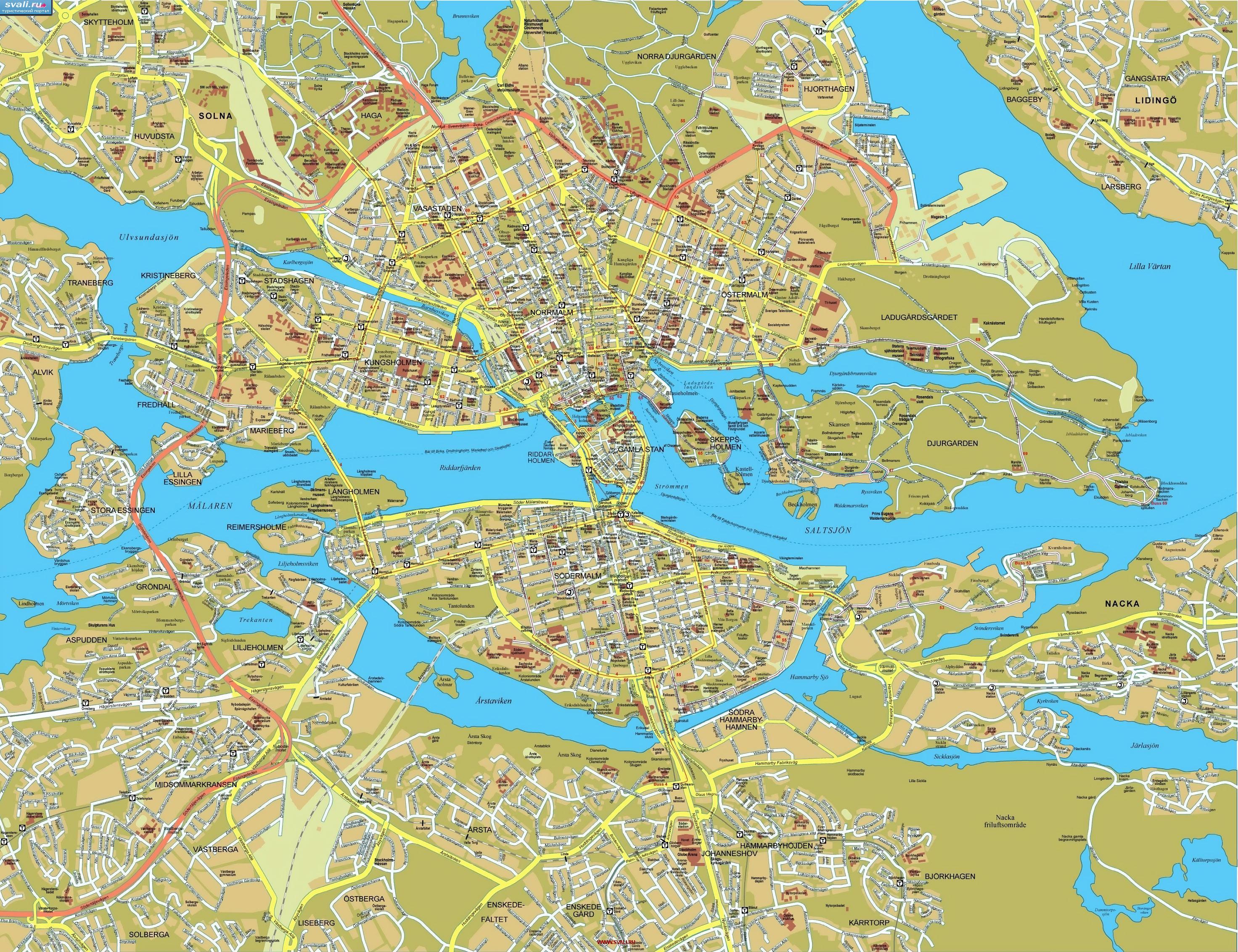 Очень подробная карта Стокгольма, Швеция (швед.)