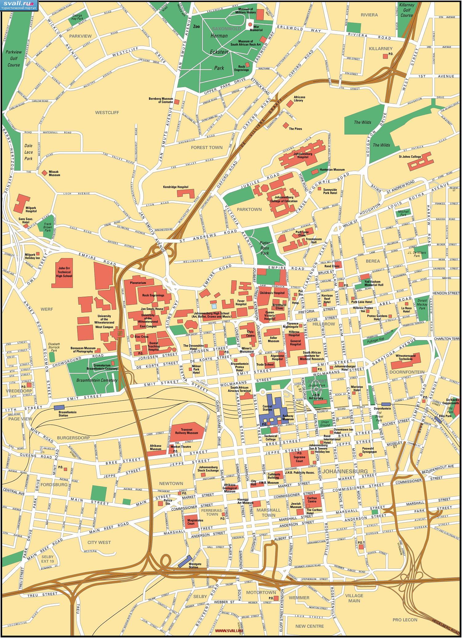 Туристическая карта центра Йоханнесбурга, ЮАР (англ.)