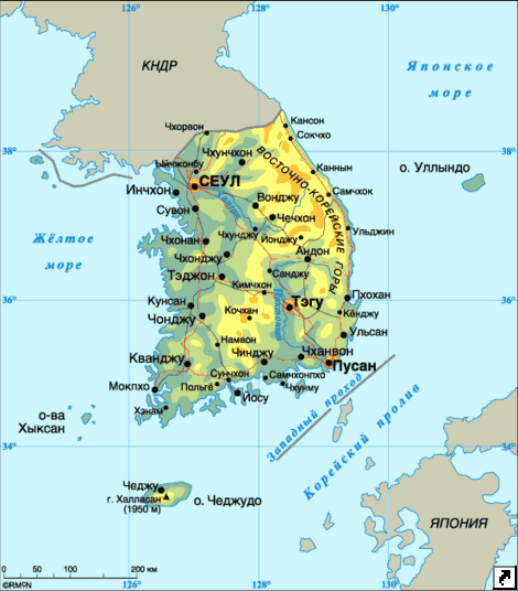 Карта Южной Корей.