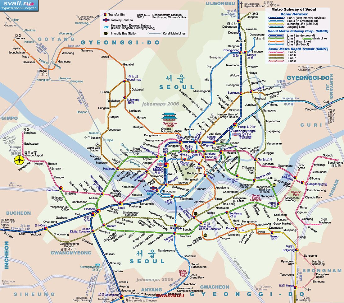 Карта метро Сеула (Seoul), Южная Корея (англ., кор.)