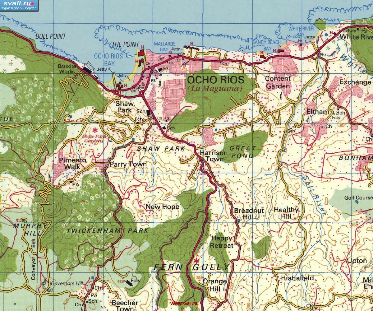 Топографическая карта окрестностей курорта Очо-Риос (Ocho Rios), Ямайка (англ.)