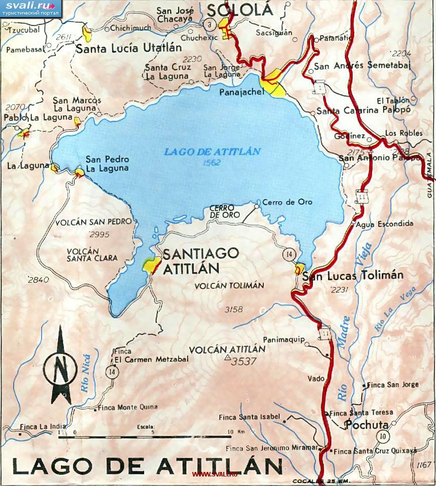 Карта окрестностей озера Атитлан (Atitlan Lake), Гватемала (исп.)