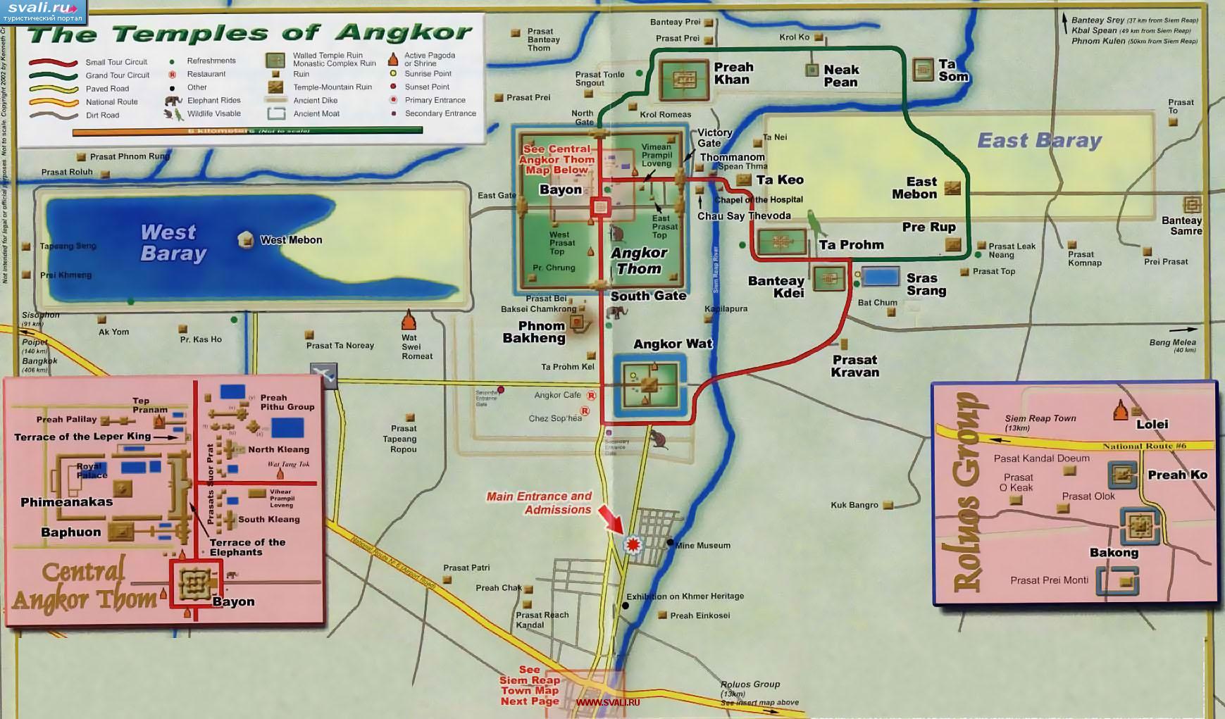 Упрощенная карта храмового комплекса Ангкор (Angkor), Сием-Рип (Siem Reap), Камбоджа (англ.)