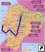Туристическая карта Эквадора с одним из возможных маршрутов (англ.)