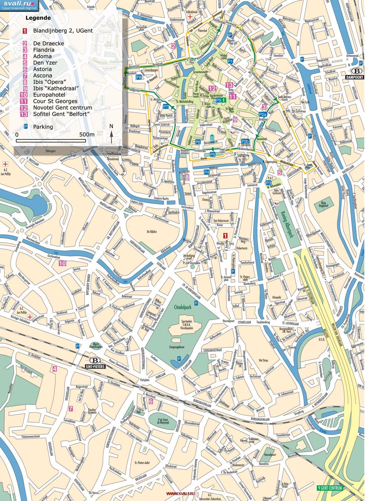 Карта центра Гента с гостиницами, Бельгия (нем.)
