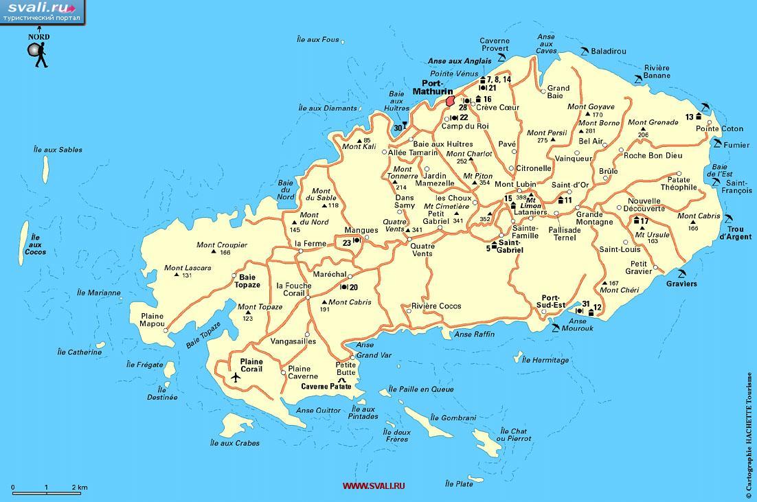 Карта острова Родригес (Rodrigues island) с автодорогами, Маврикий (франц.)