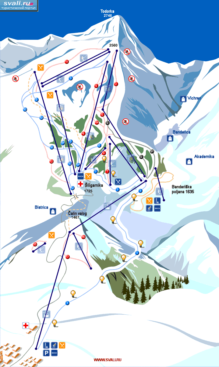 Карта горнолыжного курорта Банско, Болгария (англ.)