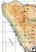 Карта области Каоковельд (Каоколенд, Kaokoland) и национального парка "Берег Скелетов" с автодорогами, Намибия (англ.)