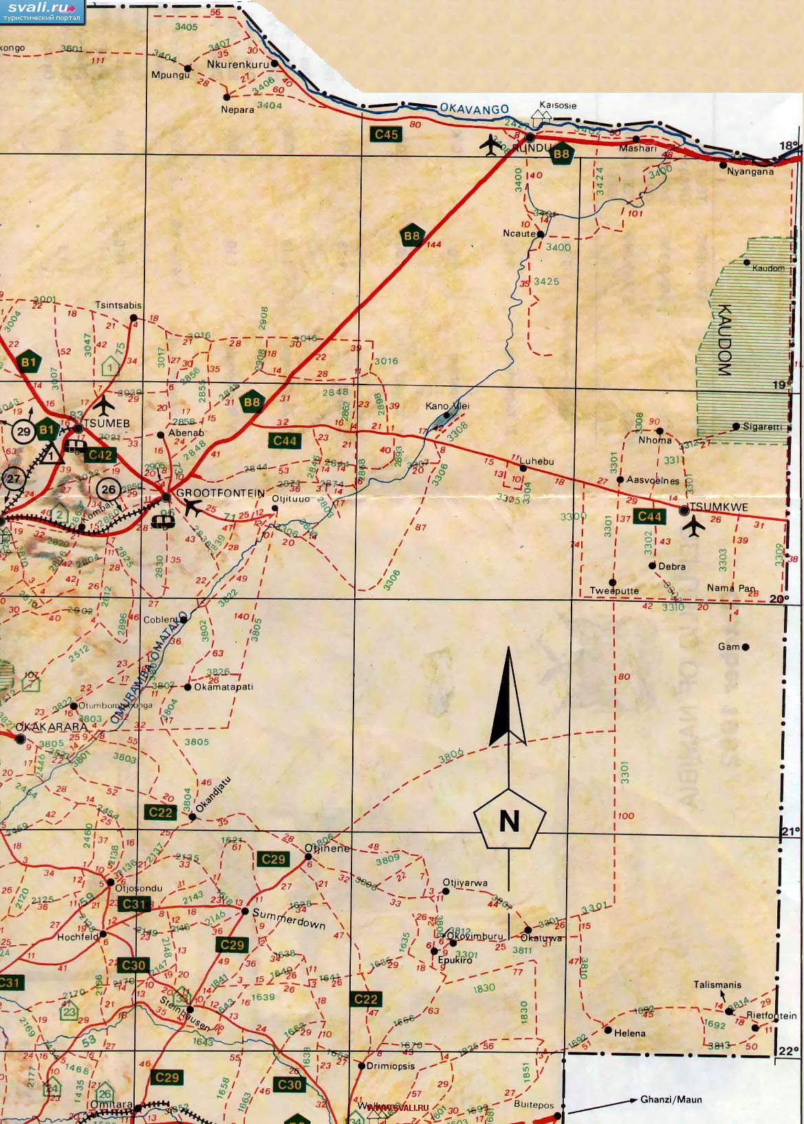 Карта восточной части Намибии с автодорогами (англ.)