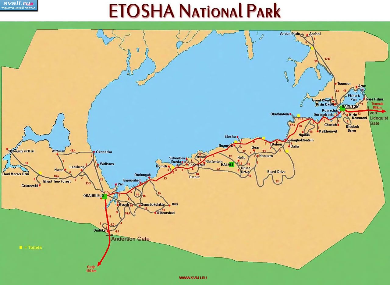 Карта Национального парка Этоша (Etosha park, Окаукуеджо) с автодорогами, Намибия (англ.)