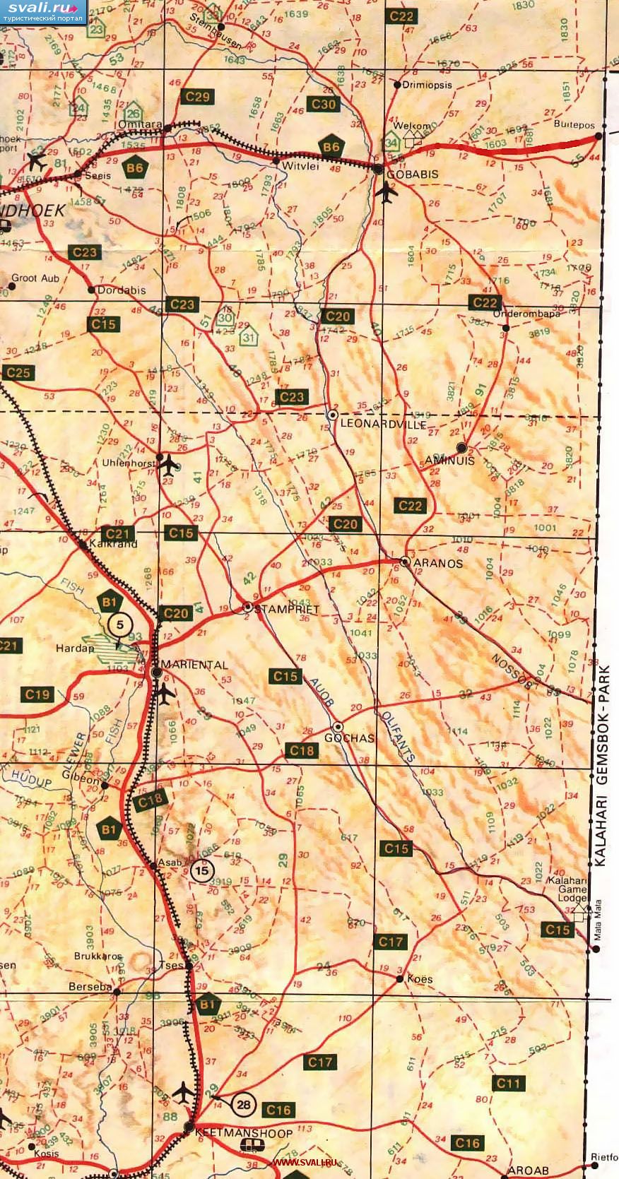 Карта области между Мариенталом и Китмансхупом (Mariental - Keetmanshoop) с автодорогами, Намибия (англ.)