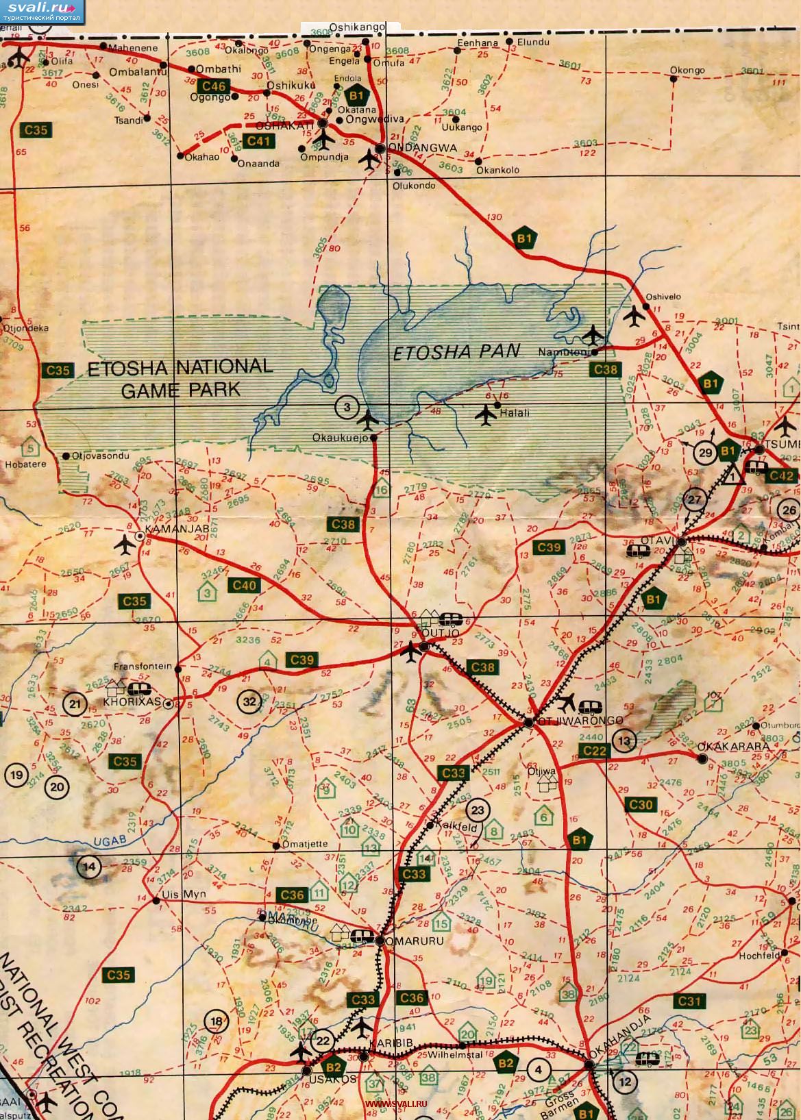 Карта окрестностей Национального парка Этоша (Etosha park, Окаукуеджо, Очиваронго) с автодорогами, Намибия (англ.)