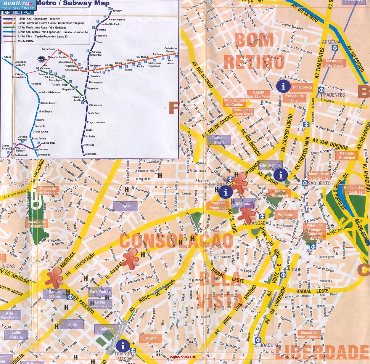 Подробная карта центра Сан-Паулу, Бразилия (португ.)