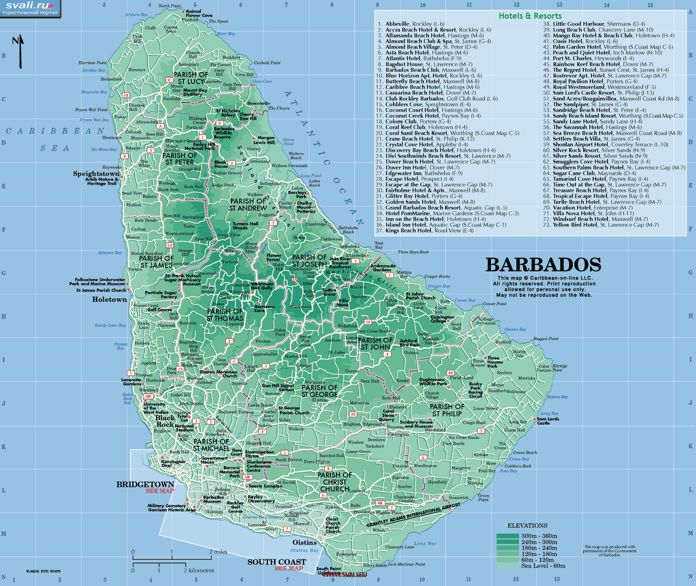 Карта Барбадоса с расположением отелей (англ.)