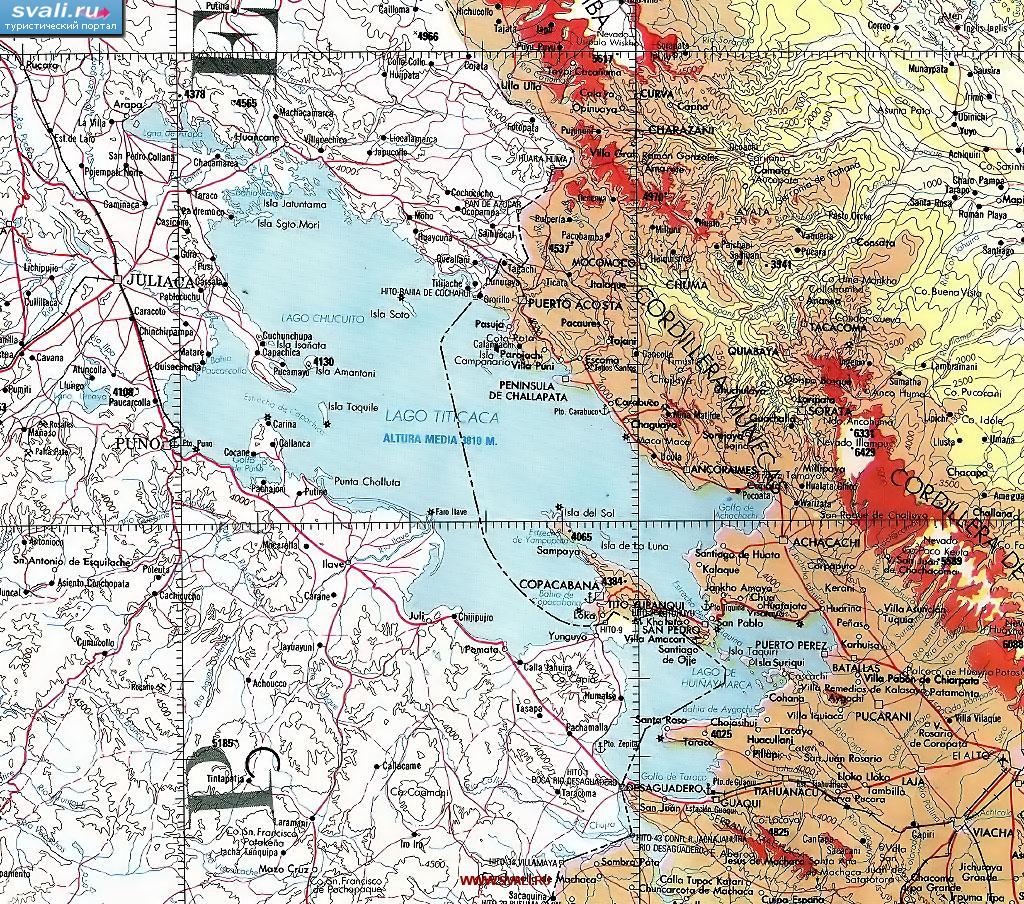 Подробная карта озера Титикака (Titikaka), Перу, Боливия (исп.)