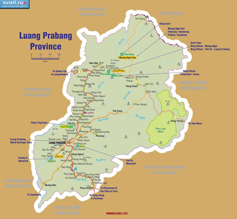 Туристическая карта провинции Луанг Прабанг (Luang Prabang), Лаос (англ.)