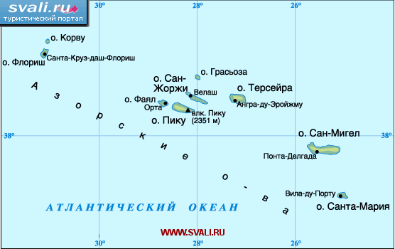 Португалия. Карта Азорских островов.
