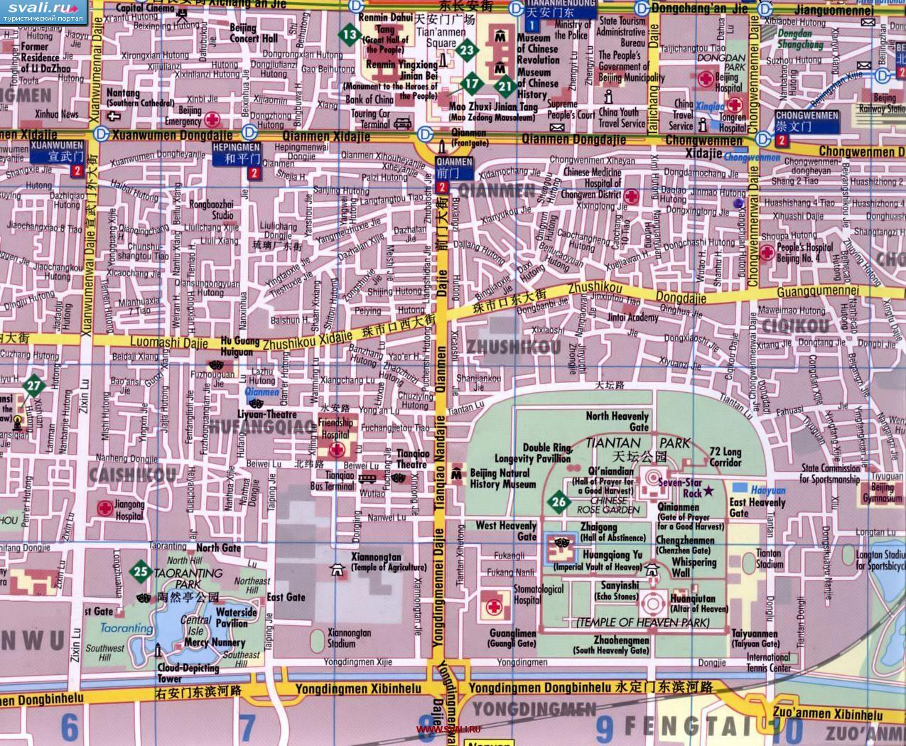 Очень подробная карта районов Chongwen и Xuanwu (здесь расположен Храм Неба) Пекина, столицы Китая (англ., кит.)