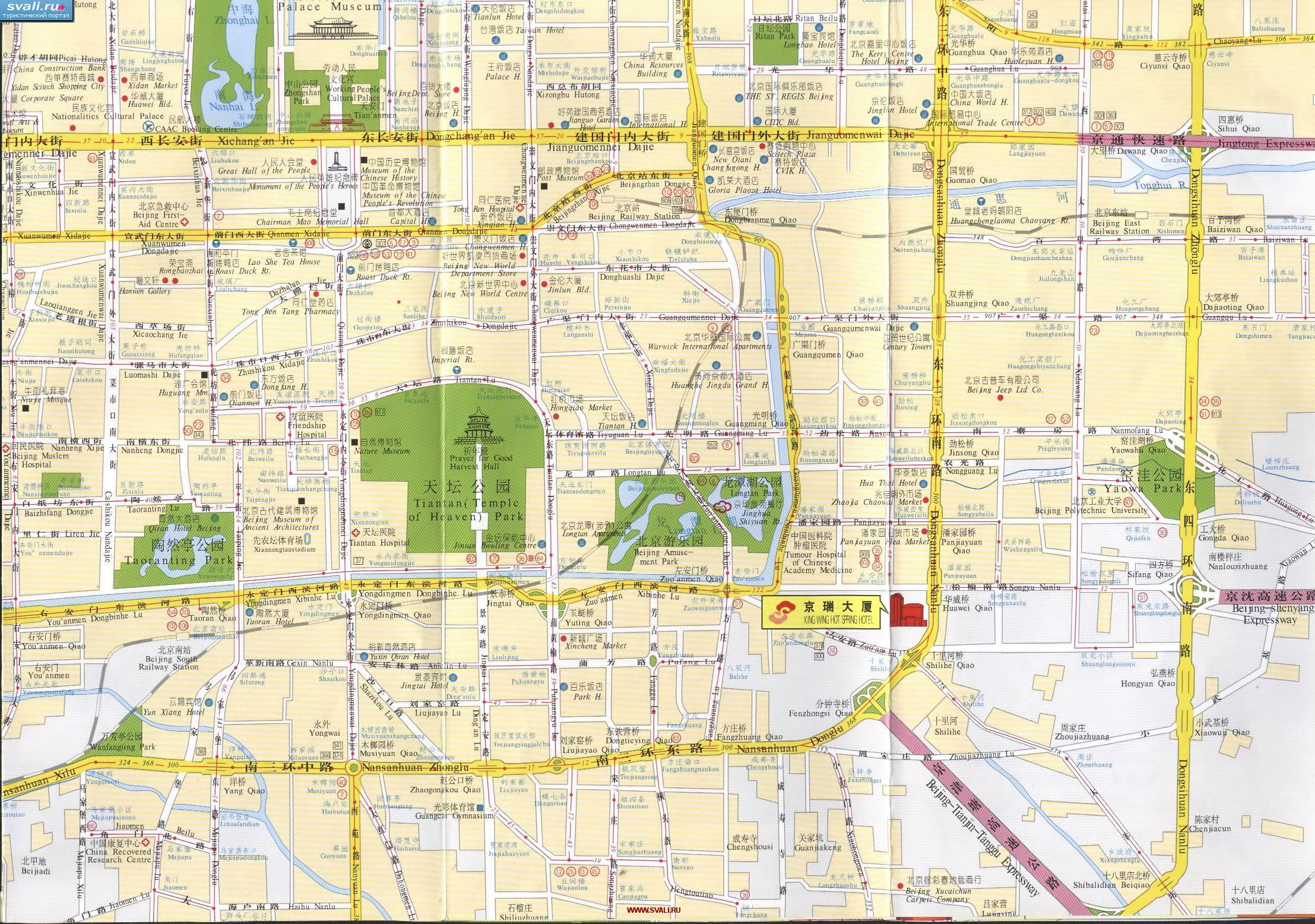 Подробная туристическая карта с маршрутами автобусов области вокруг Храма Неба (Temlpe Of Heaven) Пекина, столицы Китая (англ., кит.)