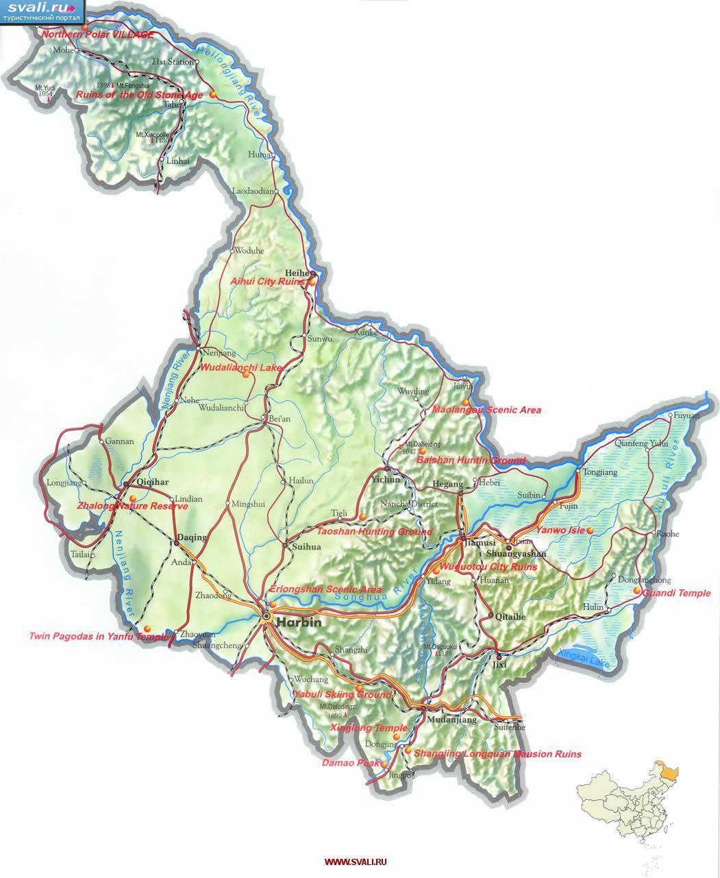 Туристическая карта провинции Хэйлунцзян (Heilongjiang), Китай (англ.)