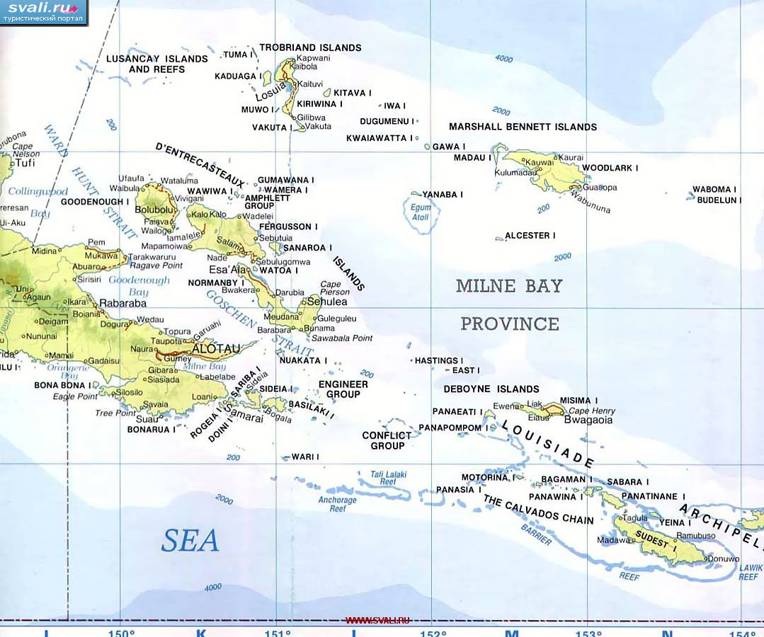 Карта провинции Милн-Бэй (Milne Bay, Алотау, Alotau), Папуа-Новая Гвинея (англ.) 