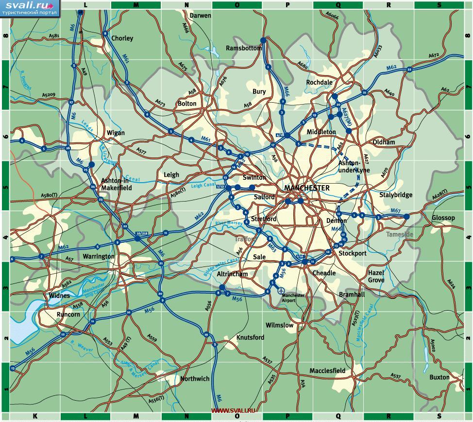 Карта окрестностей Манчестера, Великобритания (англ.)
