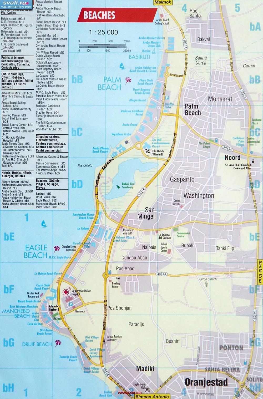 Карта пляжей вблизи Ораньестада, Аруба, Нидерланды (англ.)
