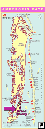 Карта мест для дайвинга острова Амбергриз (Сан-Педро, Ambergris Caye), Белиз (англ.)