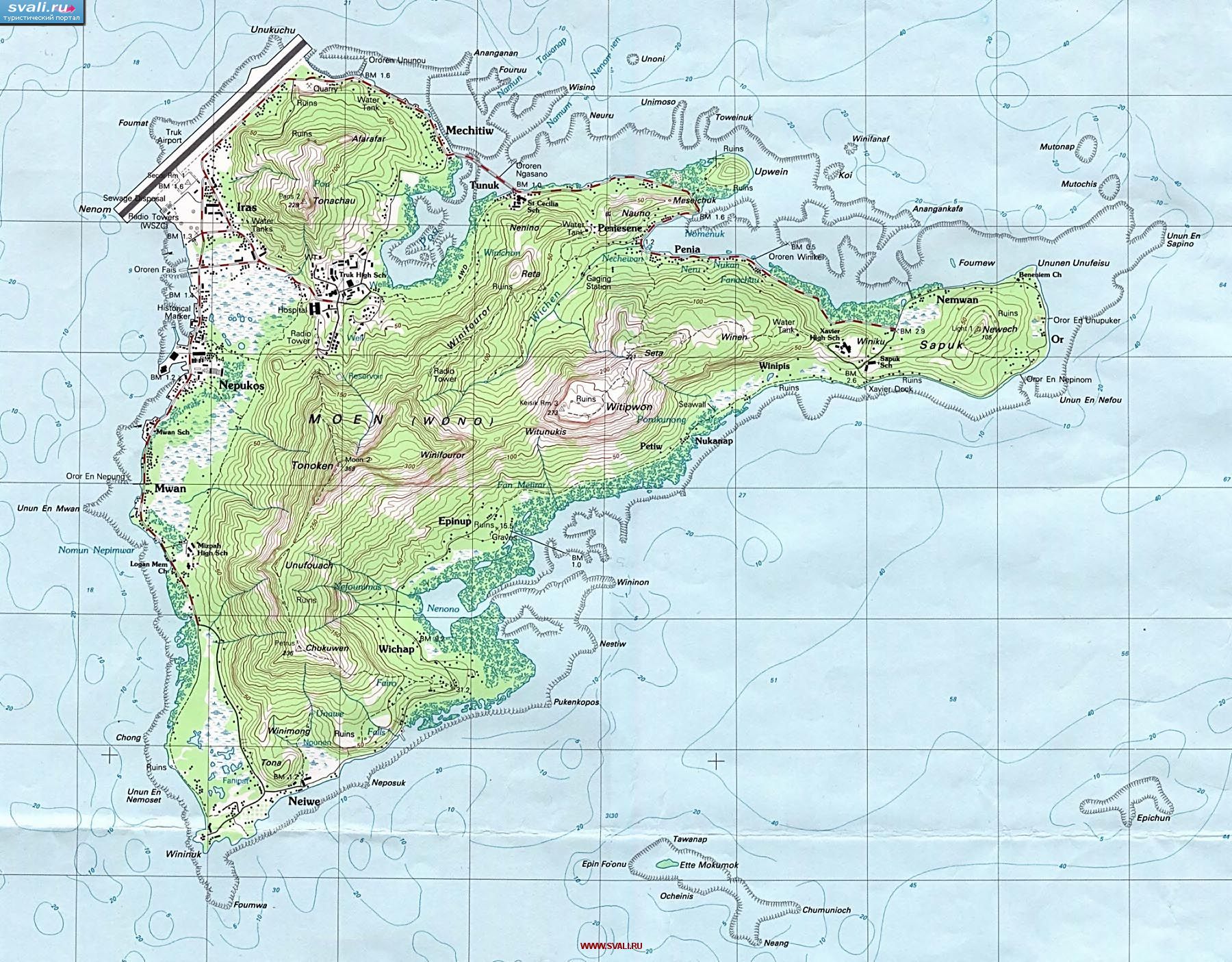 Топографическая карта острова Вено (Моен, Moen), лагуна Трук, штат Чуук, Федеративные Штаты Микронезии (англ.)