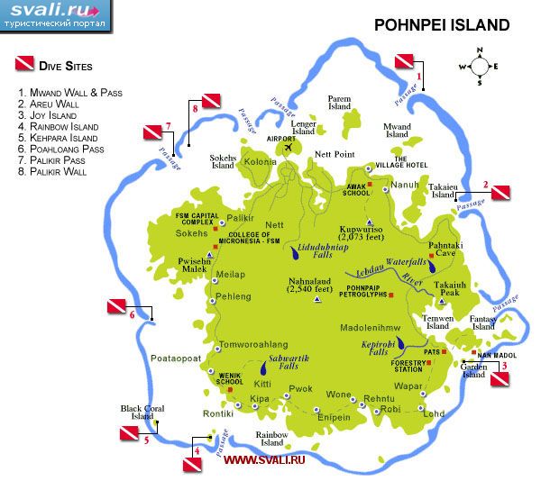 Туристическая карта острова Понпеи (Pohnpei) с местами для дайвинга, Федеративные Штаты Микронезии (англ.)