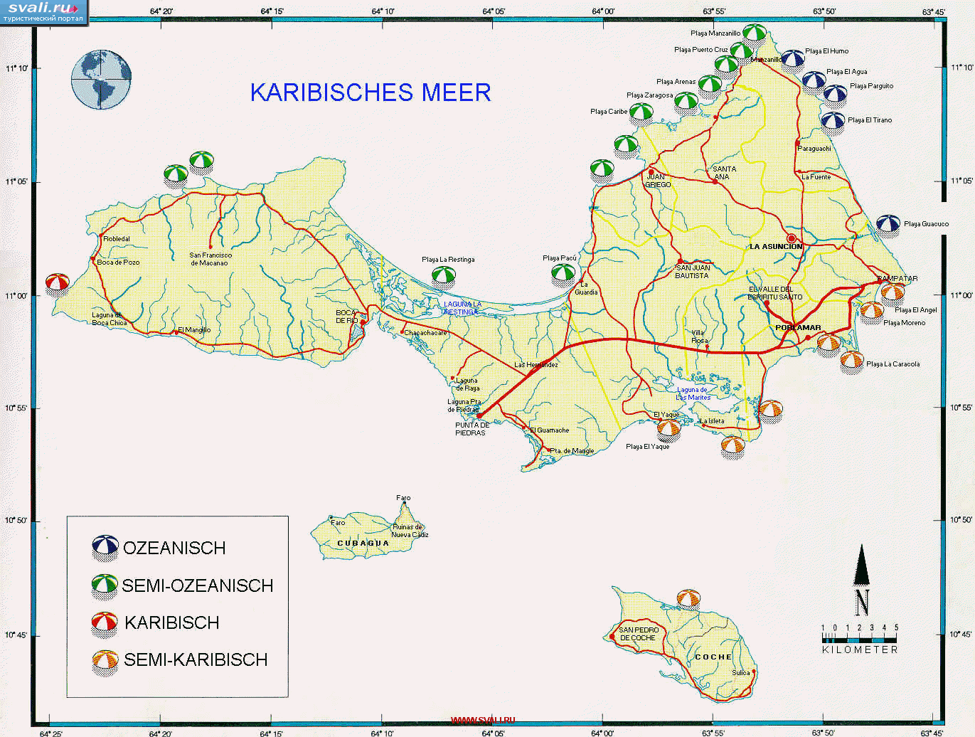 Карта автодорог острова Маргарита с указанием пляжей. Венесуэла. (немец.) 