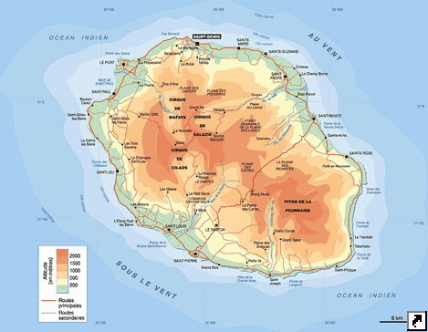Карта острова Реюньон с рельефом (франц.)