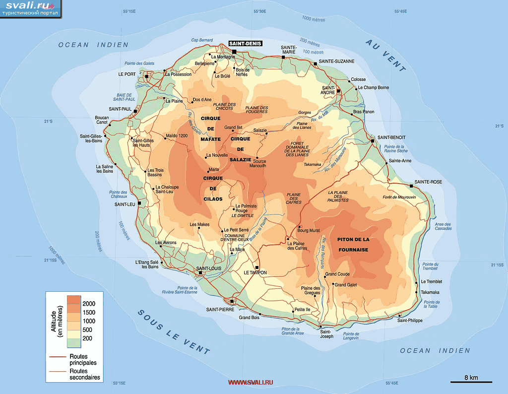 Карта острова Реюньон с рельефом (франц.)