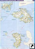 Подробная карта северо-восточных Эгейских островов Лемнос (Limnos), Лесбос (Lesbos), Хиос (Chios) с автодорогами, Греция (англ.) 