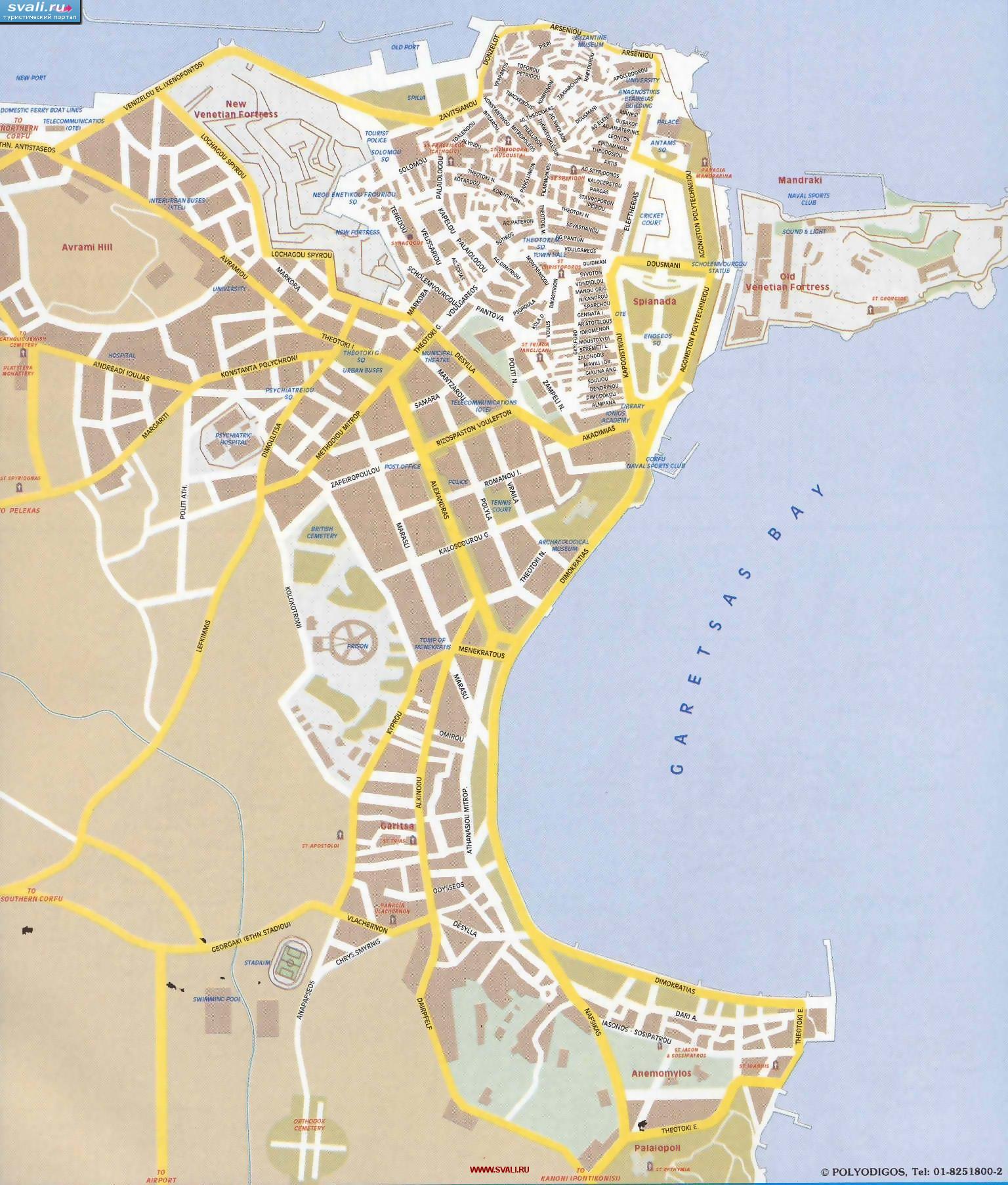 Карта города Корфу, остров Корфу (Керкира), Греция (англ.)