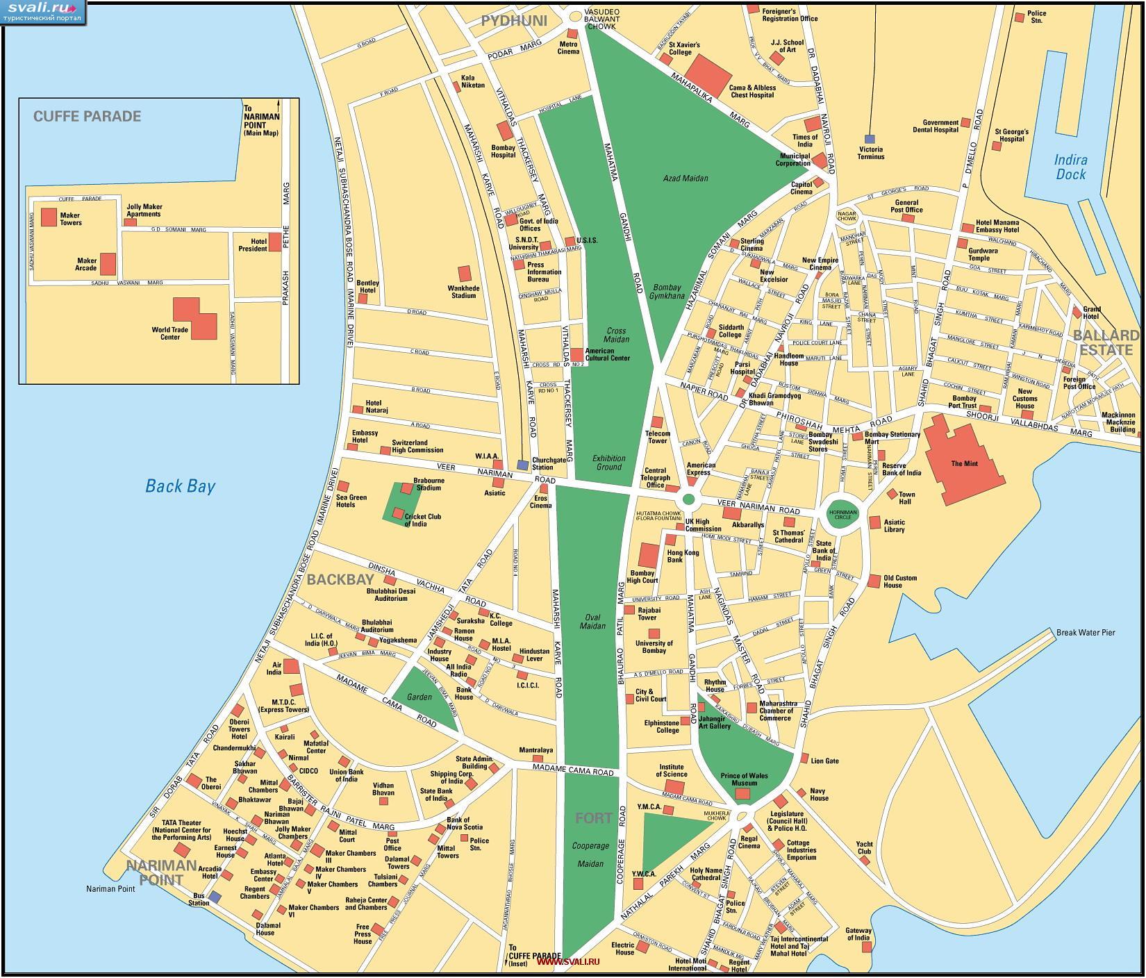 Туристическая карта центра Мумбай (Бомбей), Индия (англ.)