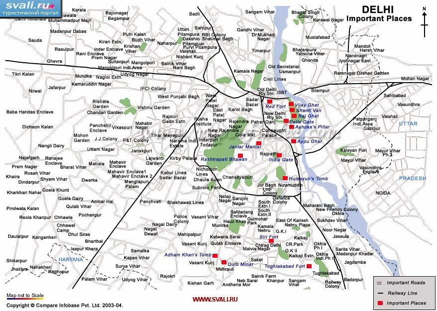 Карта достопримечательностей Дели, Индия (англ.)