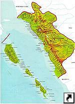 Карта провинции Сумбар (Sumbar), Паданг, Букиттинги, остров Суматра (Sumatra) и близлежащие острова Сиберут (Siberut), Сируамата (Siruamata), Индонезия (индон.)