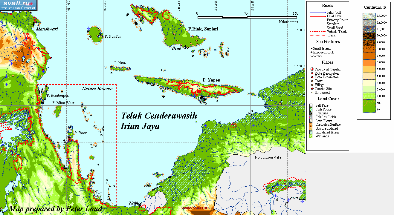 Карта острова Биак (Biak) и севера острова Новая Гвинея, Ириан Джая, Индонезия (англ.)