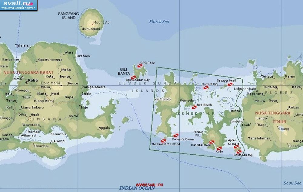 Карта мест для дайвинга в национальном парке  Комодо (Komodo), Индонезия (англ.)