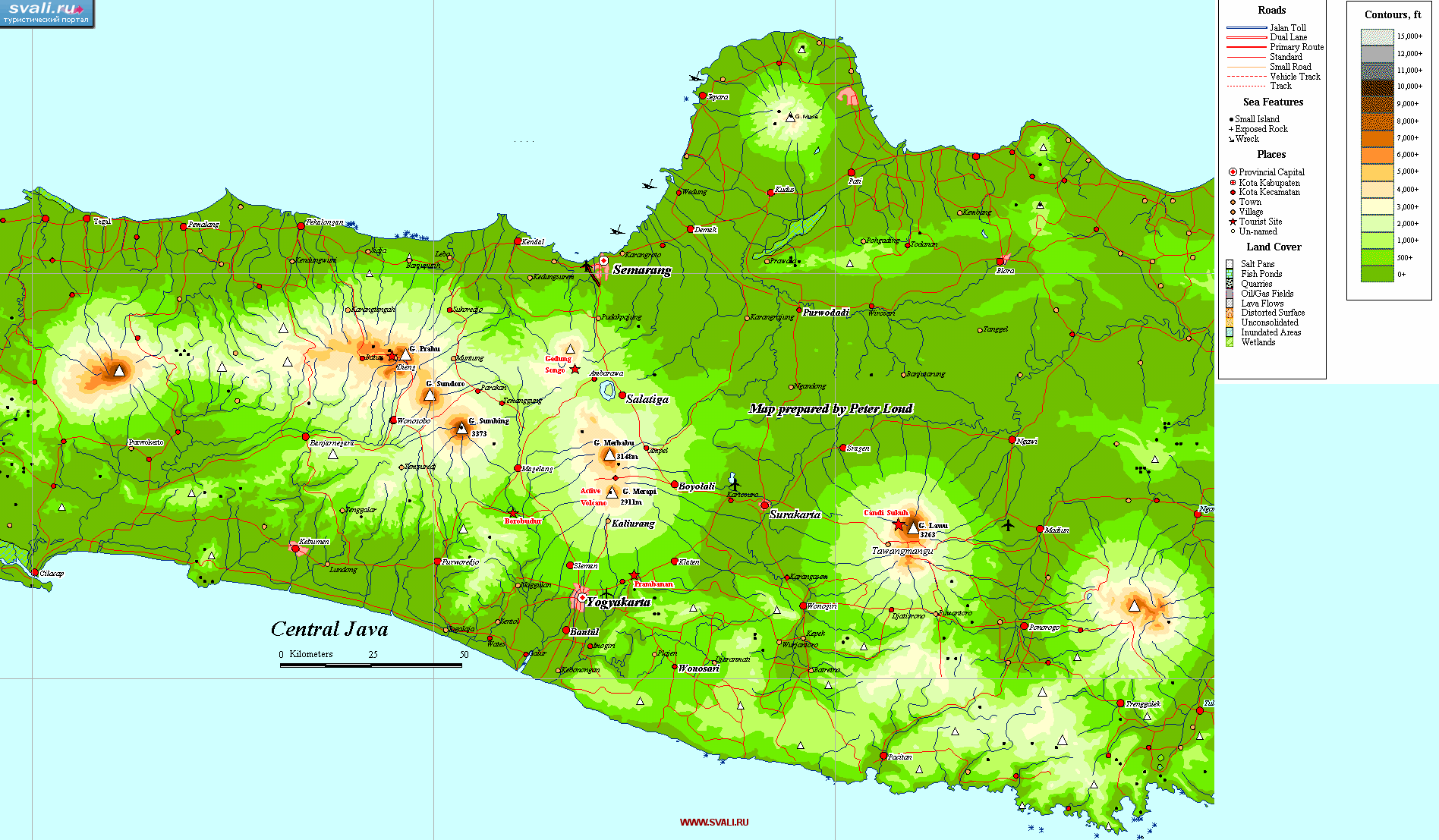 Карта центральной части острова Ява (Java), Индонезия (англ.)