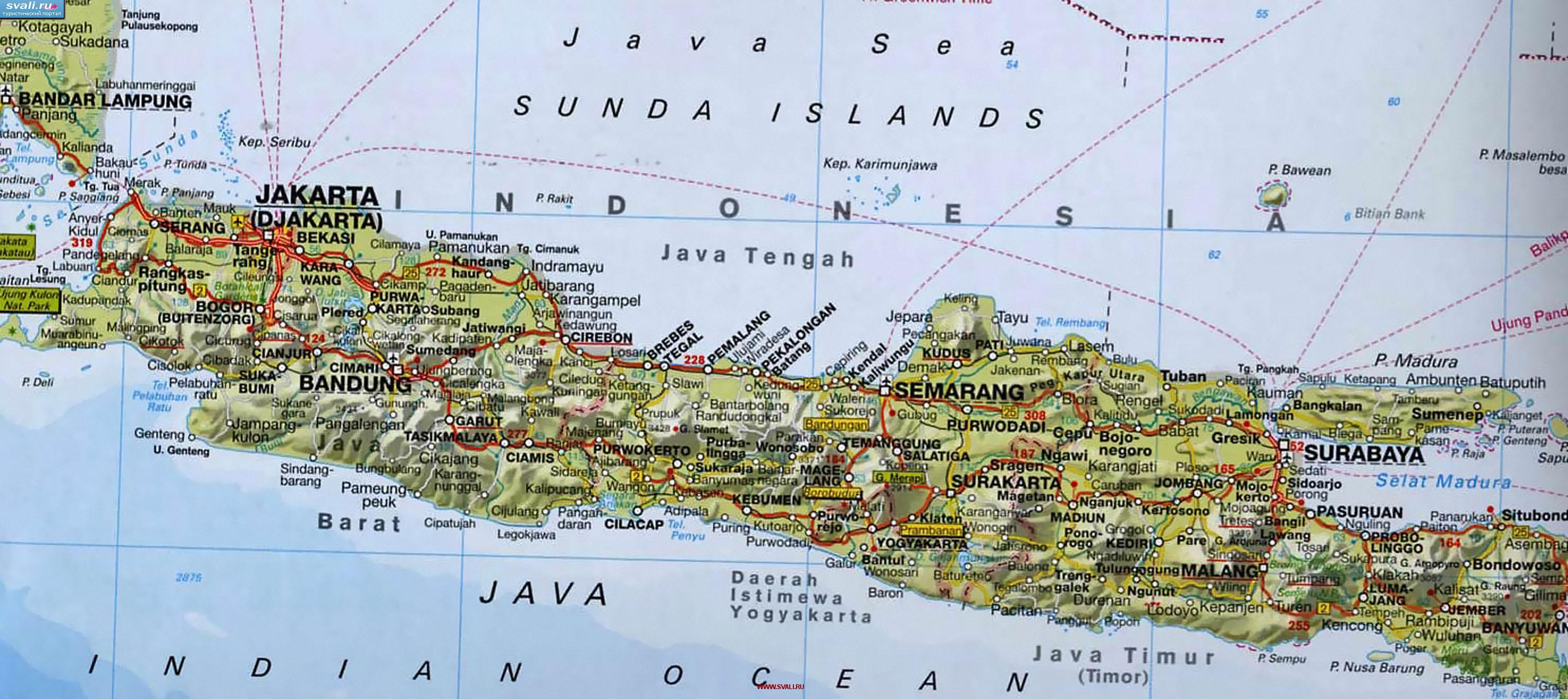 Туристическая карта острова Ява (Java), Индонезия (англ.)