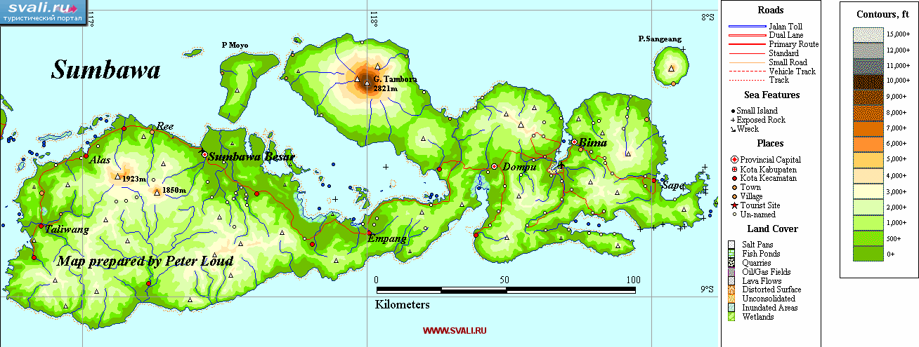 Карта острова Сумбава (Sumbawa), Индонезия (англ.)