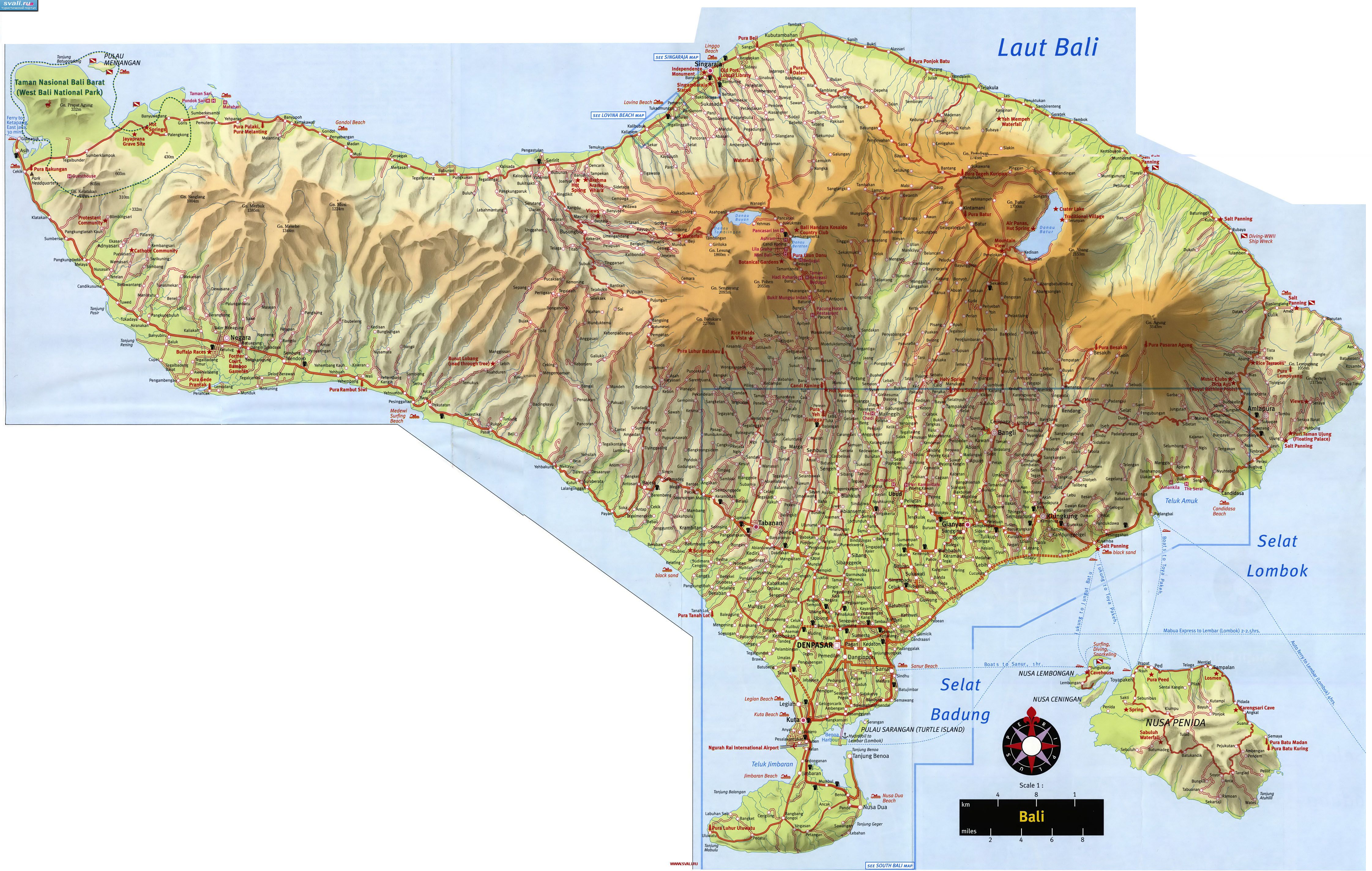 Подробная туристическая карта острова Бали (Bali) с автодорогами, Индонезия (англ.)