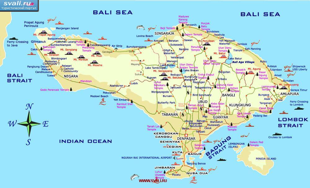 Туристическая карта острова Бали (Bali), Индонезия (англ.)