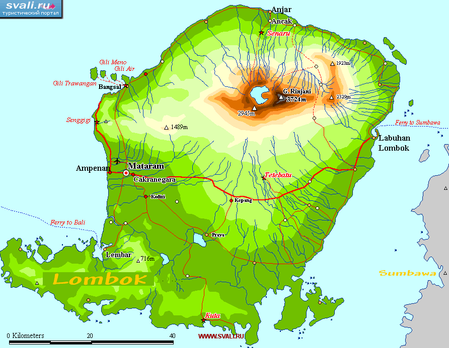 Карта острова Ломбок (Lombok), Индонезия (англ.)